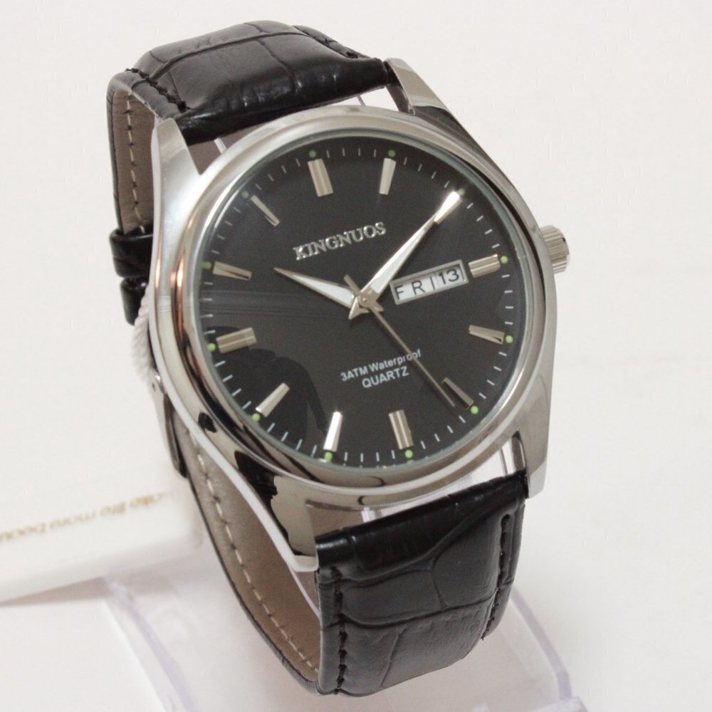Men's Contemporary Dress Watch Silver Case Black Leather Watch Strap 40mm - Picture 2 of 13